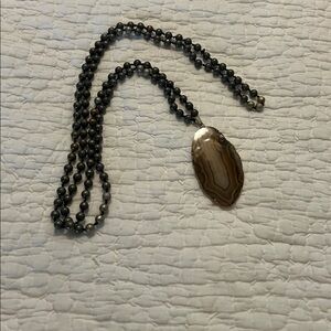 Olive green and gold Beaded Necklace with Agate Pendant. 24 inches